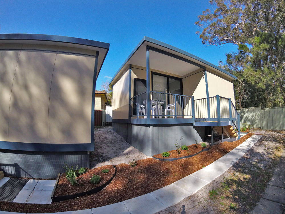 MAAP House hybrid panelised modular homes. The Fingal Granny Flat women’s refuge factory built complete external