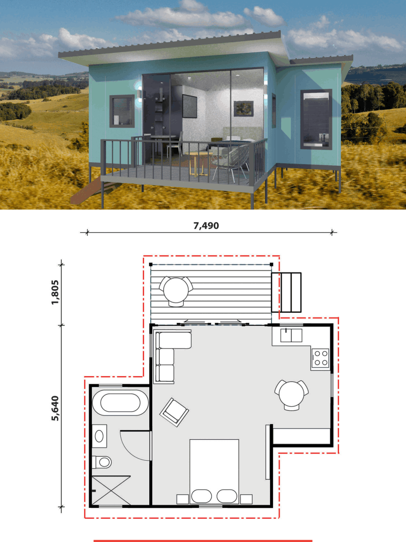 MAAP House Hybrid Panelised Modular Coral Fern Studio Cabin image and floorplan